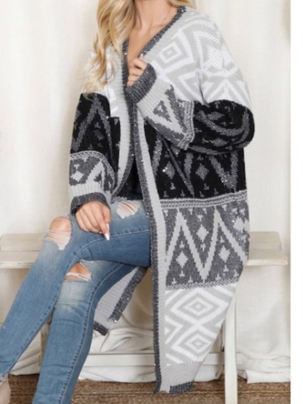 Riah Call Me Classy Midi Length Knit Sequin Cardigan Sweater Aztec Black Gray M